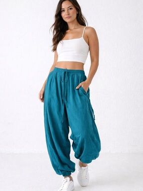 Teal Harem Pants Boho Loose Fit Elastic Waist Jogger Women M